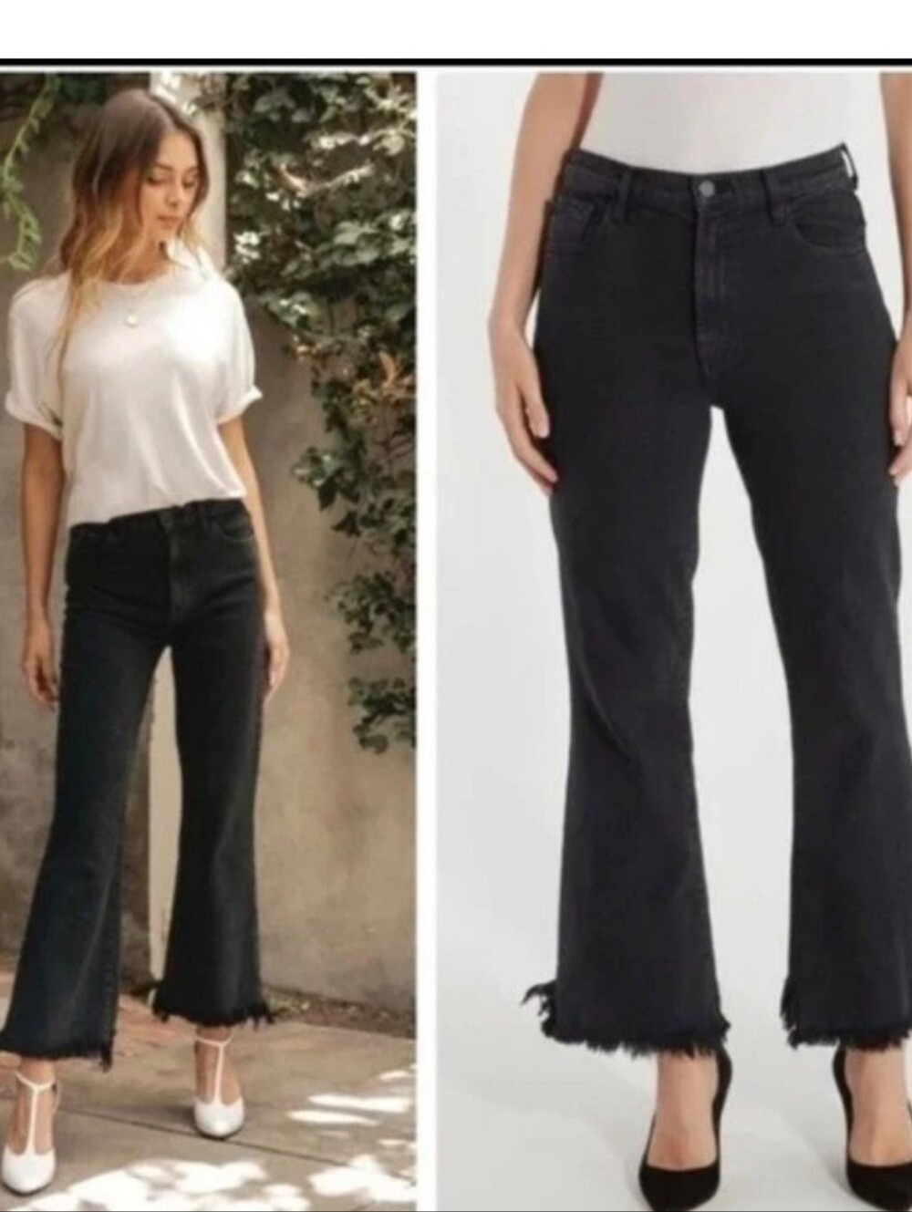 Just Black Denim Black Cropped Flare Jeans with Frayed Fringe Hem